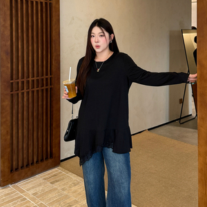 不规则蕾丝边T恤大码女装2025秋新款200斤打底衫胖mm宽松长袖上衣