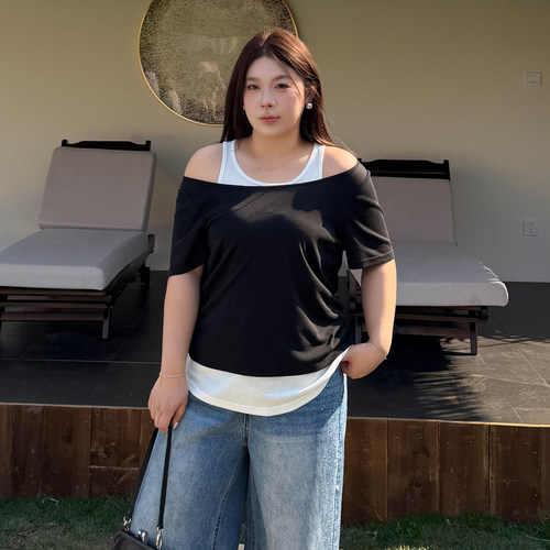 大码女装假两件露肩t恤宽松百搭
