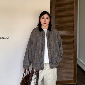 心存真大码女装粗花呢外套2025秋冬款200斤胖mm宽松显瘦翻领夹克