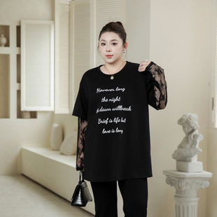 女装 胖mm宽松显瘦长袖 字母印花蕾丝袖 新款 T恤 上衣2025秋季 大码