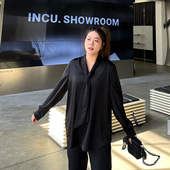 免烫缎面宽松大码 衬衣 200斤胖妹妹mm气质显瘦v领中长款 衬衫 女秋装