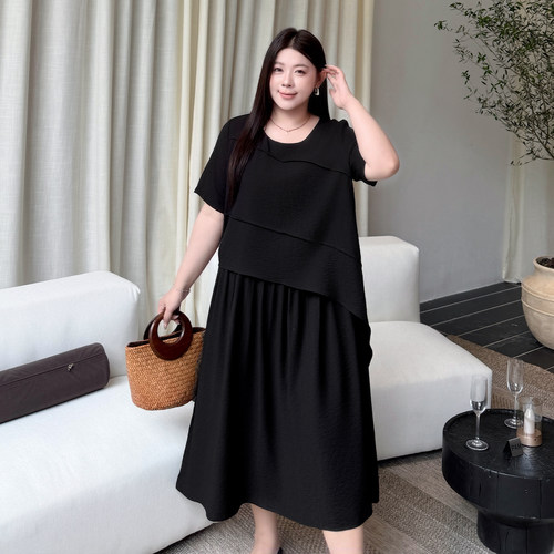 大码女装斜边长款连衣裙百搭显瘦