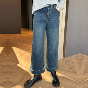 220斤胖mm高腰显瘦直筒加厚裤 特大码 冬季 加绒八分牛仔裤 子蓝 女装