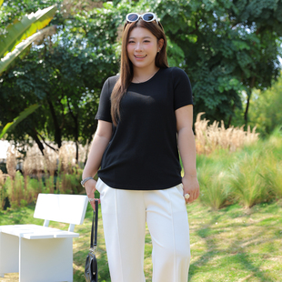 胖mm修身 高弹正肩T恤女纯色基础款 显瘦200斤大码 女装 上衣 显瘦短袖
