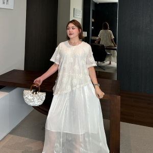 立体花朵法式斜摆洋气拼接裙大码女装胖妹妹mm宽松显瘦遮肚连衣裙