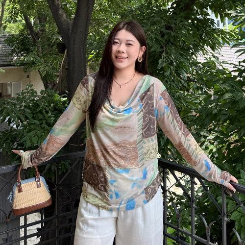 大码女装荡领网纱T恤宽松百搭