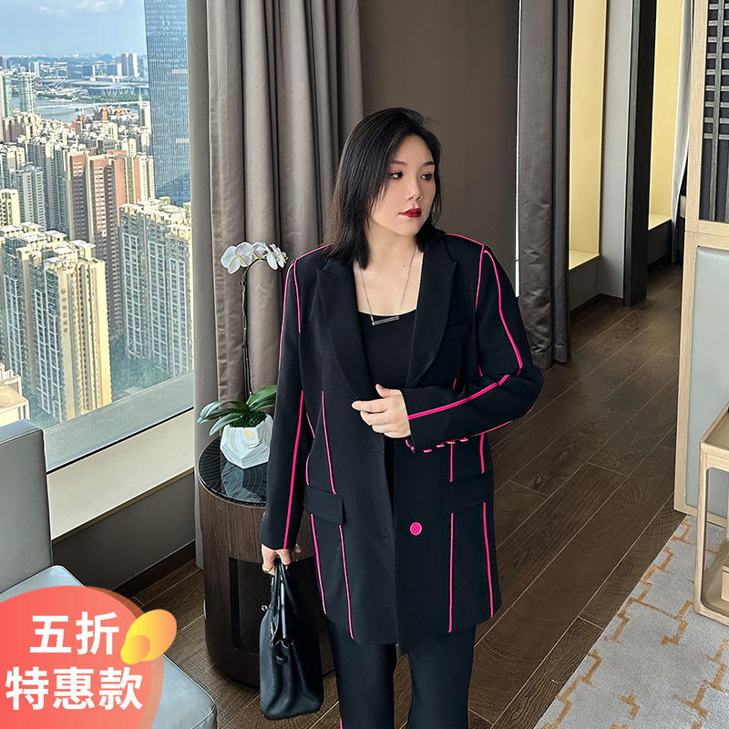 定制大码女装正肩中长款西装外套+阔腿西裤200斤胖mm宽松两件套装