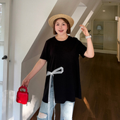 心存真冰瓷棉蝴蝶结开叉t恤夏季 大码 胖mm宽松凉感显瘦设计感上衣