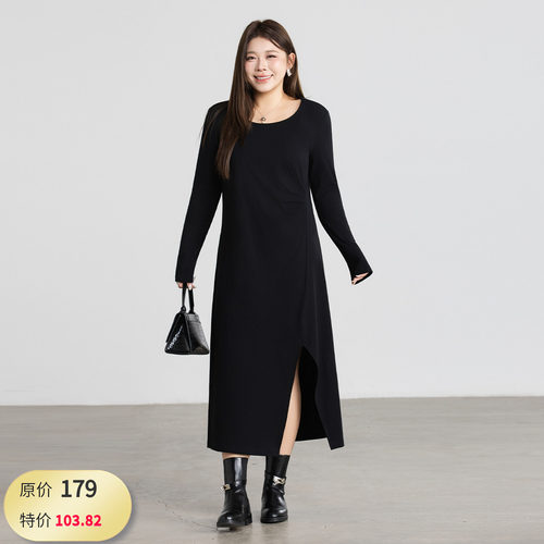 大码女装褶开叉连衣裙宽松显瘦