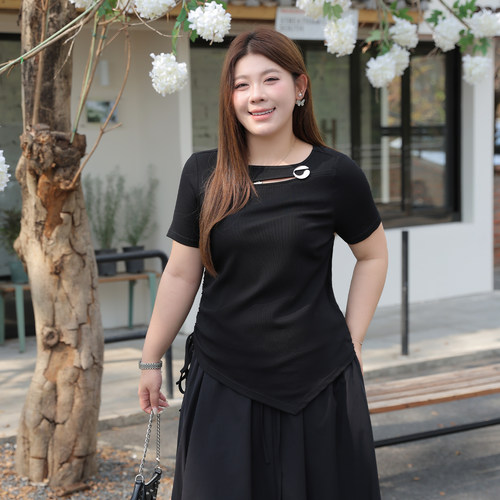 大码女装金属斜摆T恤宽松显瘦