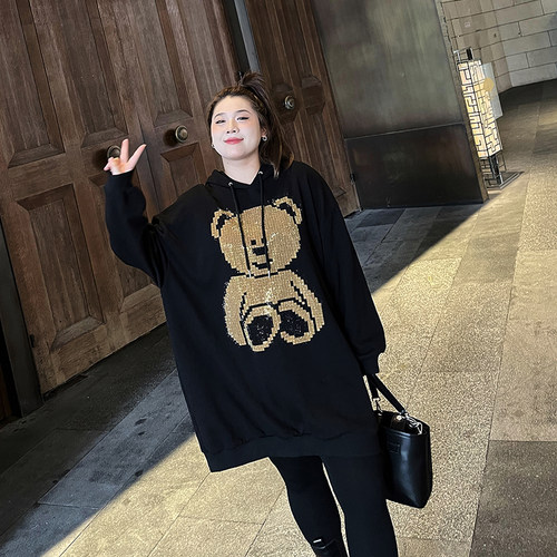 特大码女装宽松连帽卫衣加绒秋冬200斤胖mm减龄加厚套头外套上衣