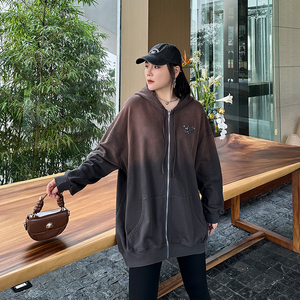 大码女装连帽卫衣纯棉加肥加大200斤胖mm宽松亮片连帽开衫外套潮