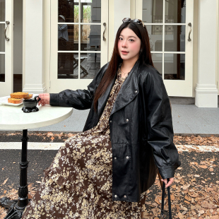 胖mm宽松街头机车外套潮酷 2025秋新款 设计感大翻领pu皮衣大码 女装