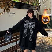 200斤胖mm宽松中长款 遮胯加绒加厚大码 卫衣女冬季 连帽上衣欧货潮