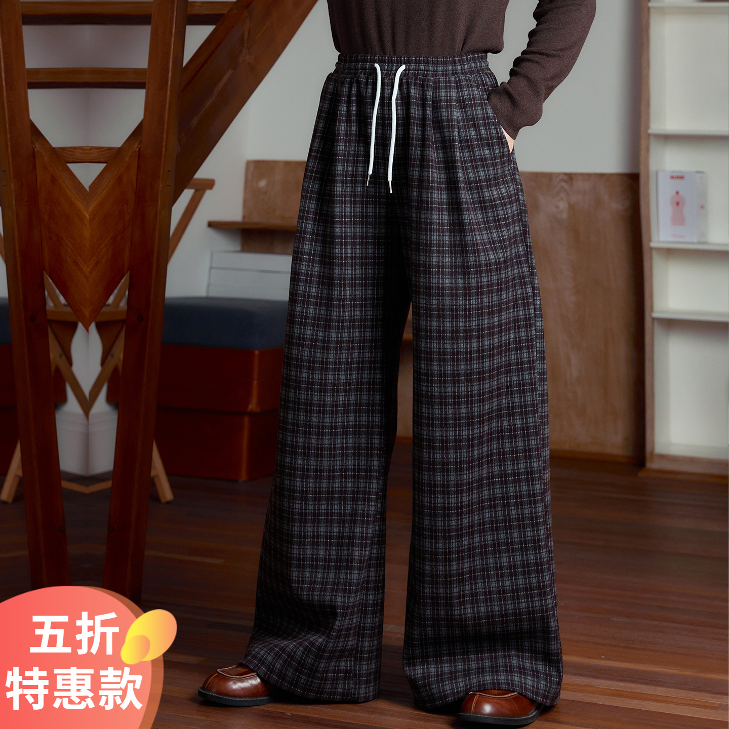 大码女装咖色小格子休闲裤显瘦