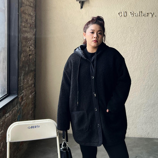 大码 羊羔毛外套女夹棉服保暖加绒加厚200斤胖mm宽松显瘦连帽棉衣