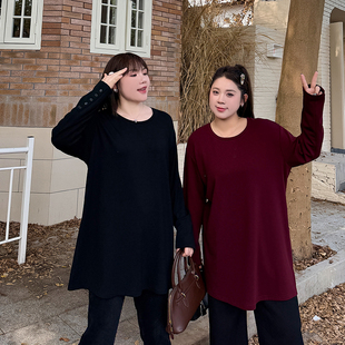 女装 外穿T恤胖mm百搭长袖 宽松抓绒打底衫 新款 上衣 2025秋冬季 大码