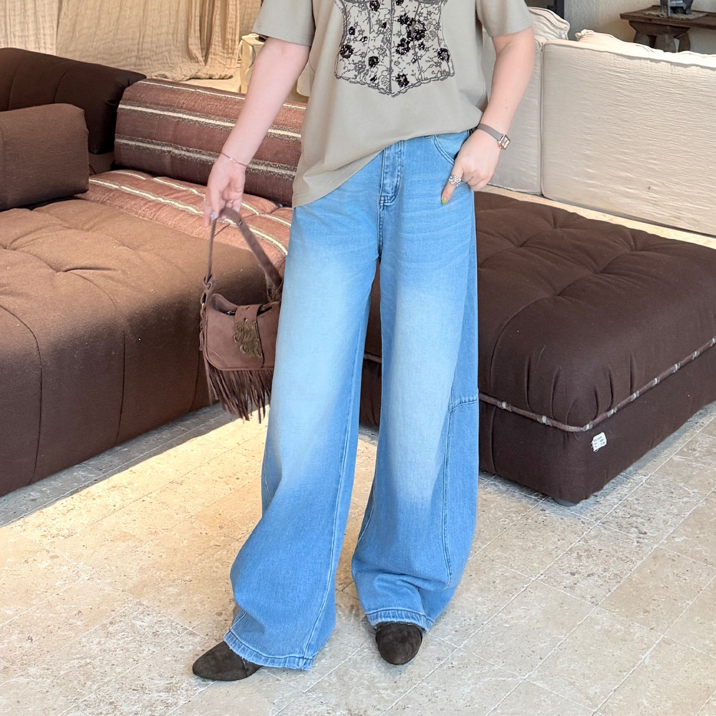 大码女装中长款浅蓝气球牛仔裤