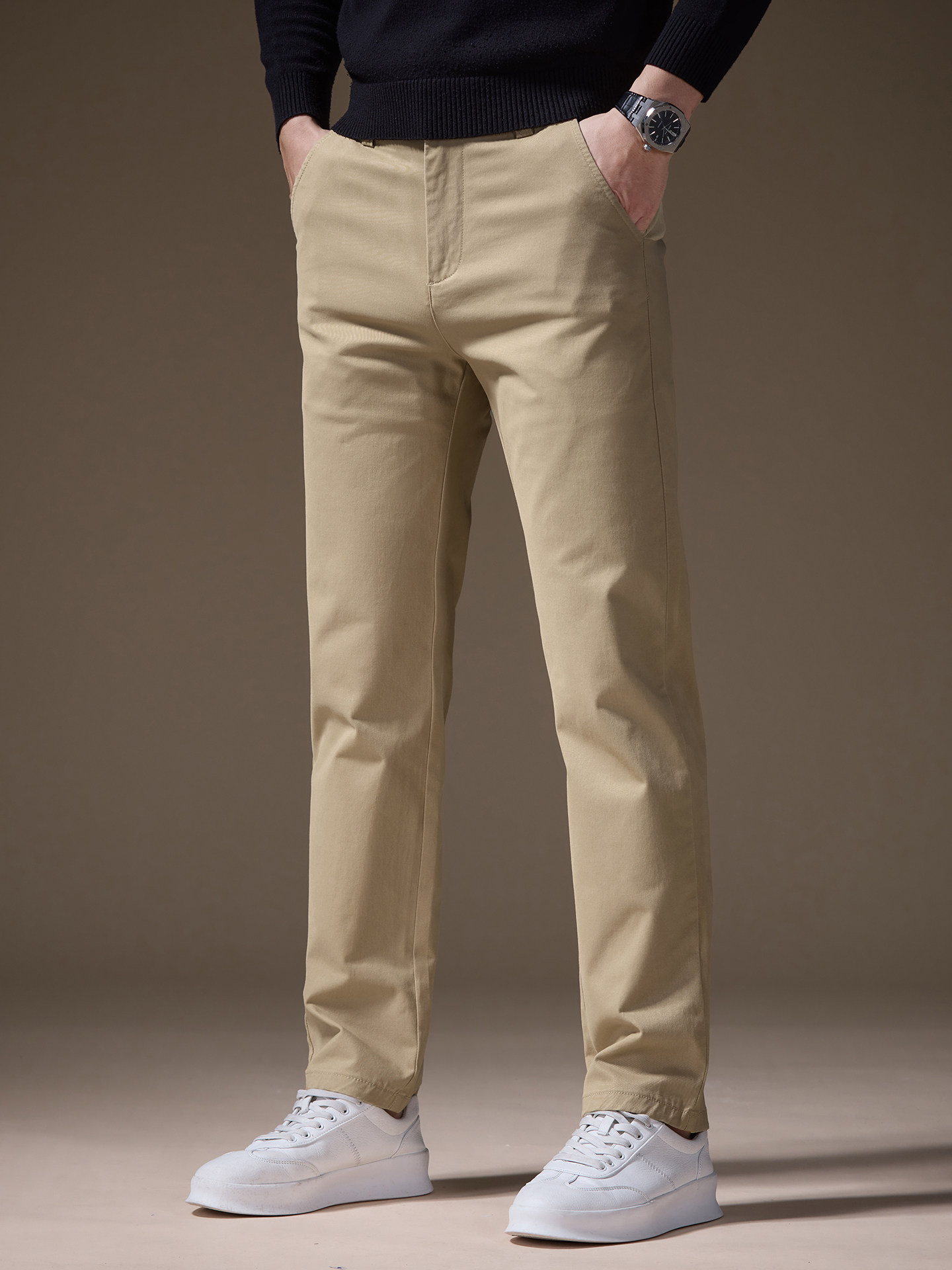 香港秋冬季新款卡其色休闲裤男士弹力商务修身直筒纯棉加绒裤子男