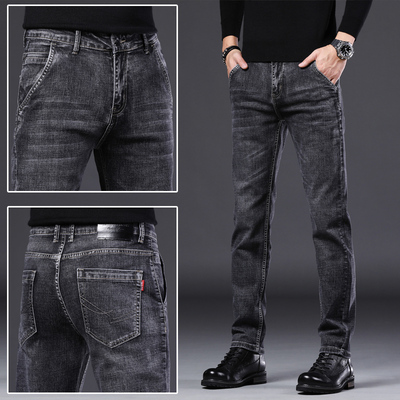 香港秋冬季深灰色牛仔裤男士加绒加厚修身直筒弹力百搭休闲裤子男