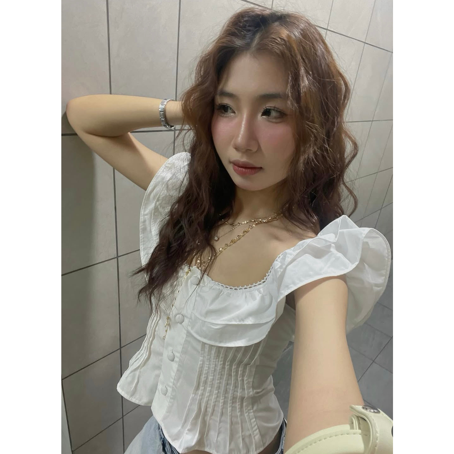 荷叶边方领衬衫法式小飞袖衬衣褶皱收腰上衣小衫