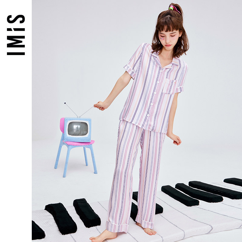 爱美丽IMIS商场睡衣女春夏棉柔条纹短袖分身家居套装IM46BGS2