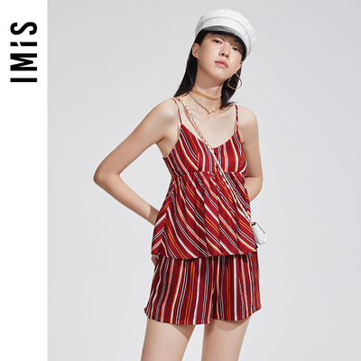 爱美丽IMIS睡衣女免穿文胸垂坠光泽条纹吊带短裤家居套装IM46BGS1