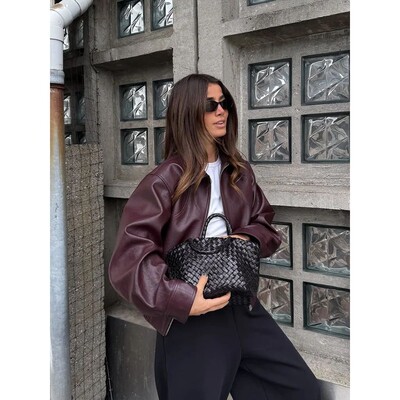 Wine Red Lapel Leather Short Coat Retro Women's Zipper Long