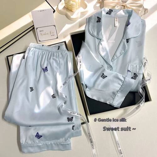 Spring and Autumn New Ice Silk Pajamas Homewear Ladies Long-