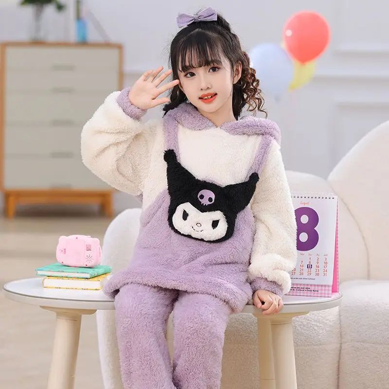 2Pcs Kawaii Kuromi Cinnamoroll Children Pajamas Flannel Tops