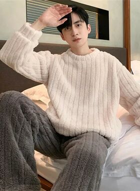 New Thickened 2pcs Men's Pajamas Warm Coral Velvet Flannel O