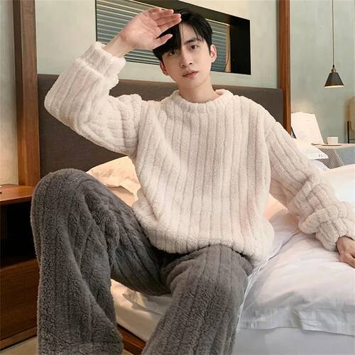 New Thickened 2pcs Men's Pajamas Warm Coral Velvet Flannel O