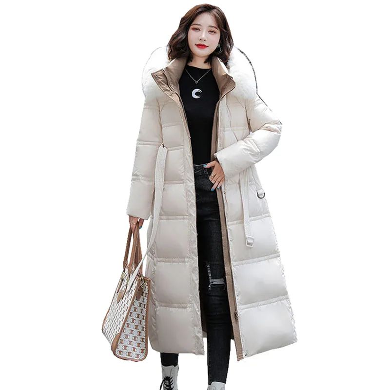 90% White Duck Down Thick Warmth Elegant Hooded Fur Collar L