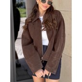 Zip Brown Loose Short Collar Stand Coats Suede Dark Women