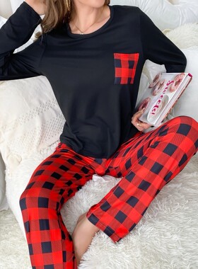 New style pyjamas two sets black top long sleeve red striped