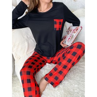 New style pyjamas two sets black top long sleeve red striped