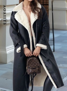 Aoaiiys Parkas Women Turn-down Collar Double Sided Long Oute