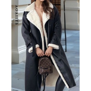 Aoaiiys Parkas Women Turn-down Collar Double Sided Long Oute