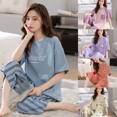 Summer Ladies Two-Piece Pajamas Women Seven Trousers Short-S