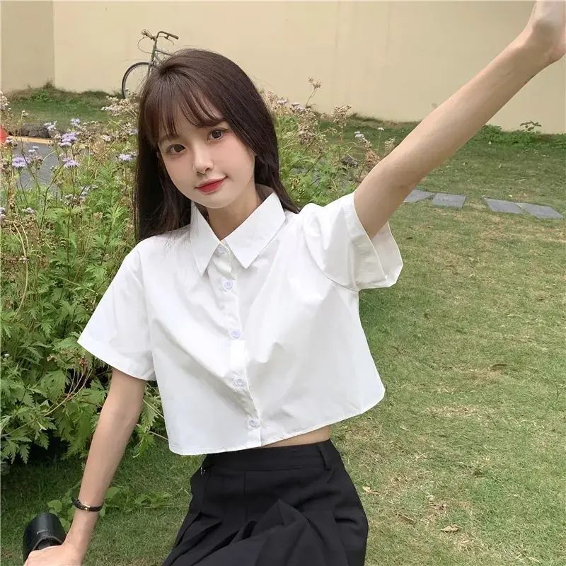 Oversize Cropped White Shirt Women Summer Short Sleeve Polo