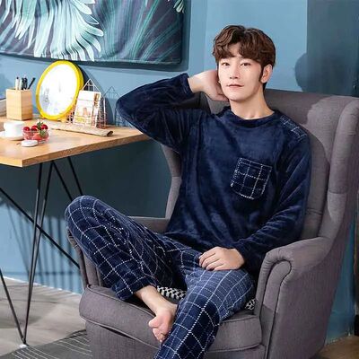 Thickened Warm Winter Flannel Pajamas Men's Comfortable Roun