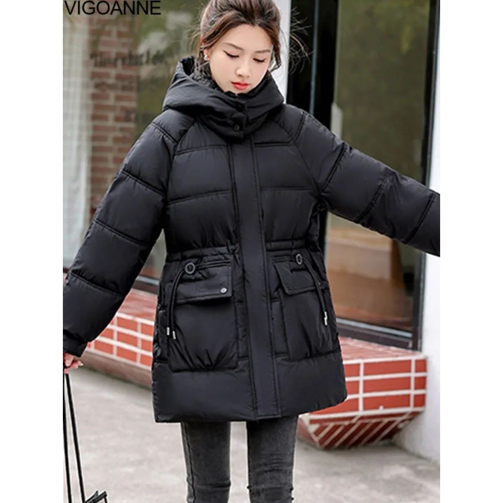 VigoAnne 2025 Winter Solid Hooded Shoet Coat Women Korean Po