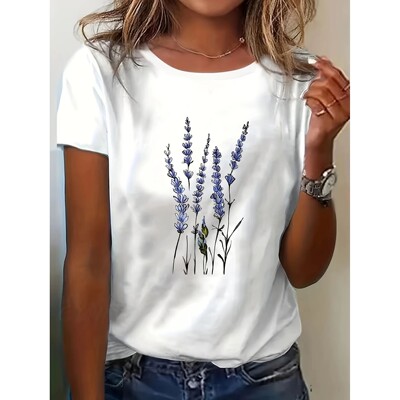 Women's Summer Casual Lavender Floral Print T-Shirt - Korean