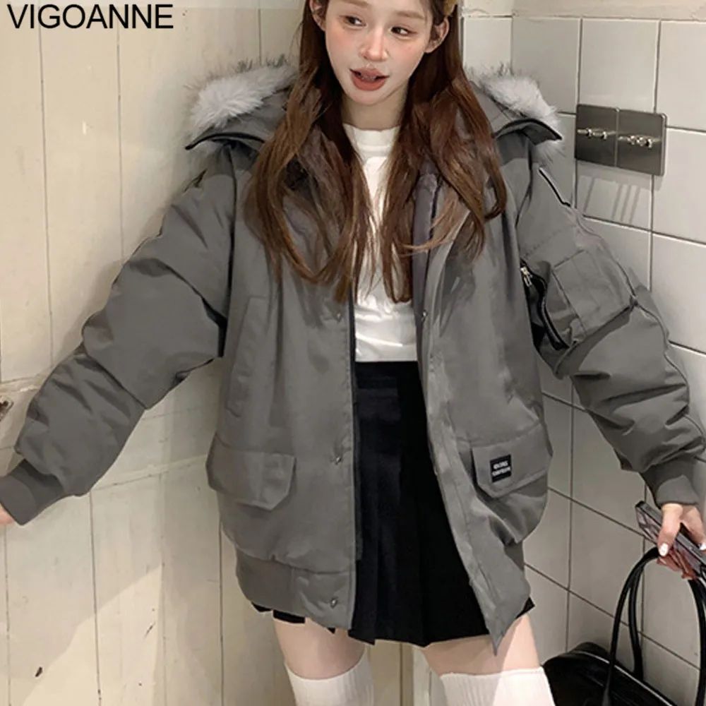 VigoAnne 2025 Winter Korean Hooded Long Coat Women Solid Loo