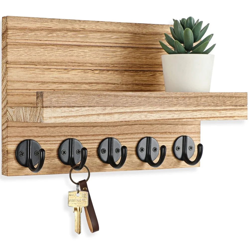 Key and Mail Holder Home Decor Wood Wall Organizer with 5 Ho
