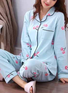 Women's Pajamas Set V-Neck Button down Top and Trousers Slee