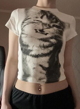 Harajuku Animal Print Crop Top Basic White Short Sleeve Crew