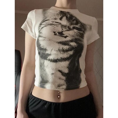 Harajuku Animal Print Crop Top Basic White Short Sleeve Crew
