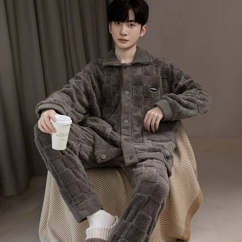 2pcs/set Men's Pajamas Autumn And Winter Padded And Thickene