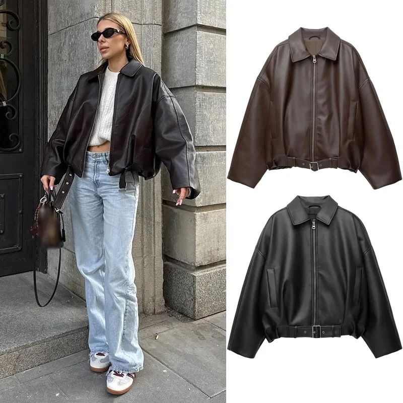 Vintage PU Leather Bomber Jackets 2025 Autumn New Ladies Zip图片